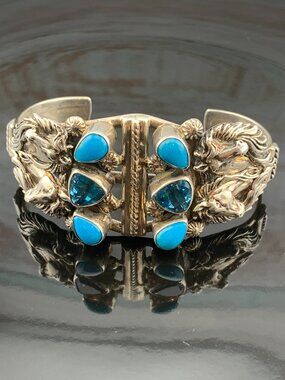 Horse Navajo Native American 925 Silver Turquoise Blue Topaz Running Bear J1424